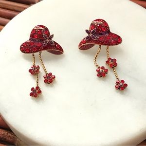 Red Hat Rhinestone Gold Tone Earrings